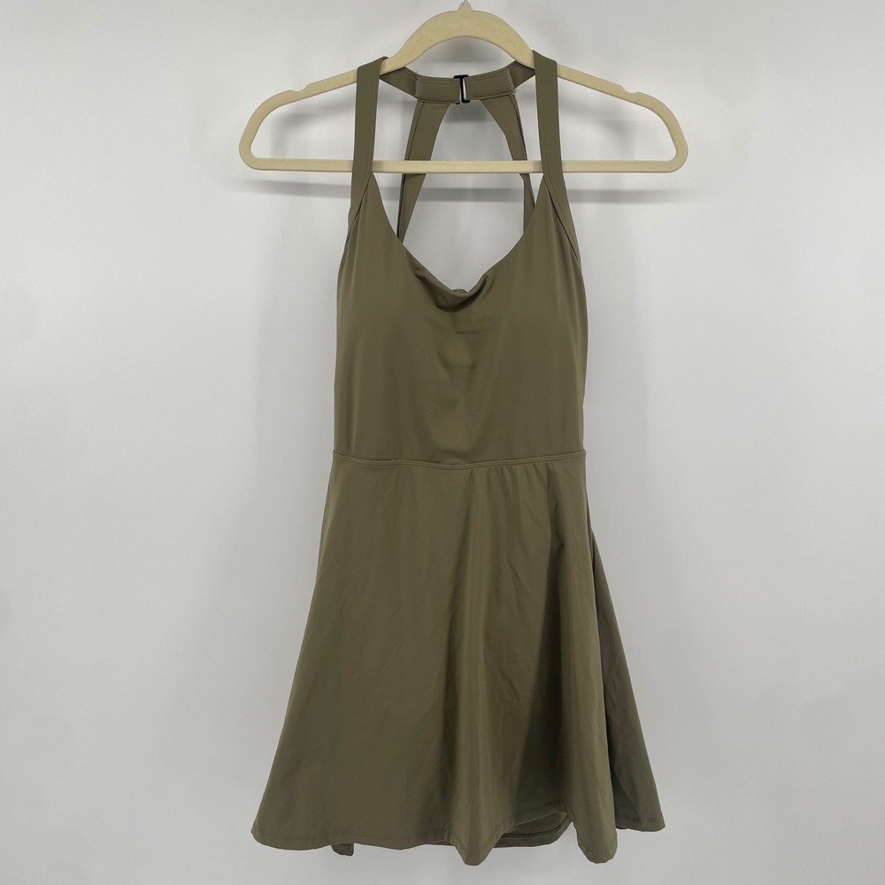 Halara Exercise Dress Womens M Olive Green Halter Backless Built-in Shorts NWT